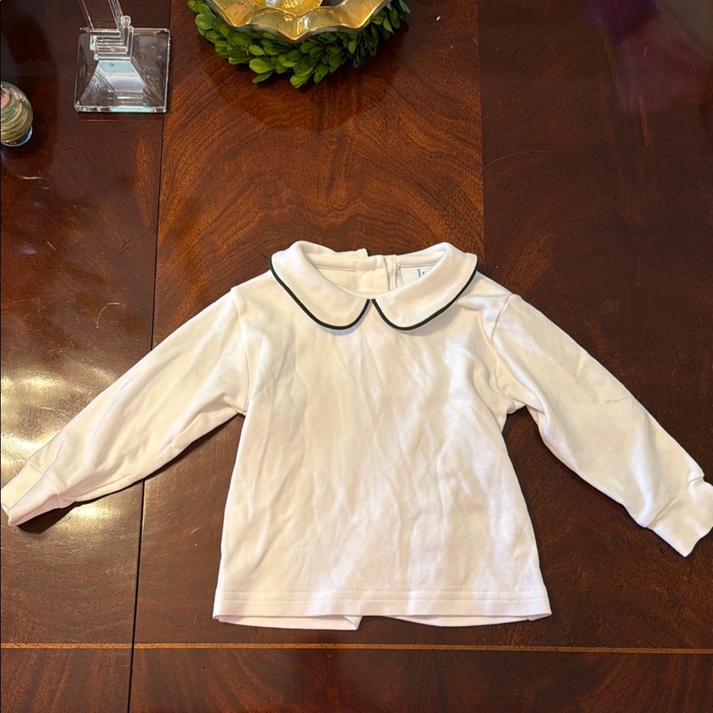 Little English White and Hunter Green Long Sleeve Tee with Peter Pan Collar